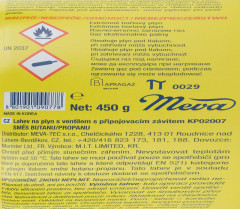 Kartuše 450g se závitem 7/16. (12 ks v balení) Složení plynu: Butan 45%+propan 27%+isobutan 28% (5)